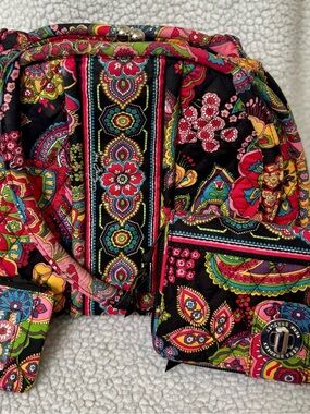 Vera Bradley Black Quilted Backpack & Matching Wallet with Pink Green Accents